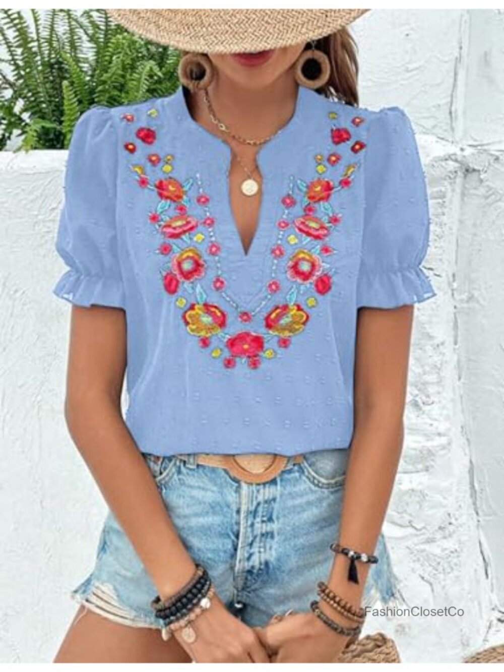 Women's Boho Floral Embroidered V Neck Puff Sleeve Blouse Peasant Top - Picture 6 of 6